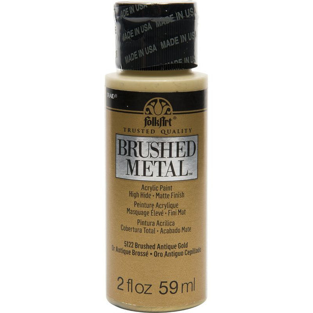 Bottle of Folk Art Brushed Metal Acrylic Paint in Antique Gold, ideal for adding a luxurious metal finish to crafts and decor.