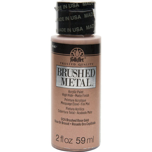 Folk Art Brushed Metal Acrylic Paint 2oz in Rose Gold, perfect for adding a luxurious metallic finish to various craft projects.