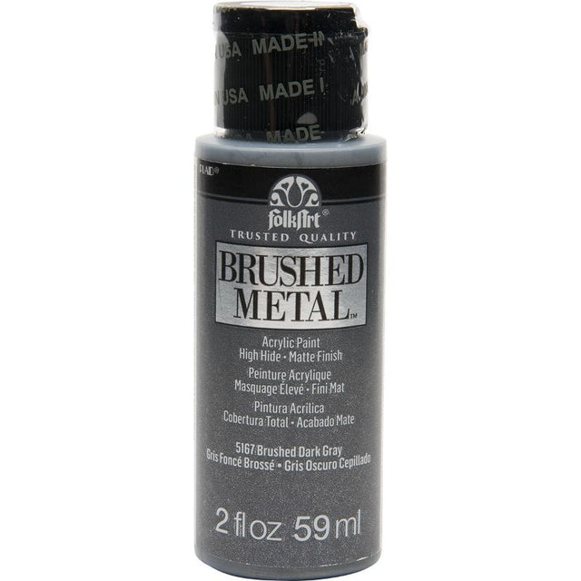 Dark grey Folk Art Brushed Metal Acrylic Paint in a 2oz bottle, ideal for achieving a stunning metallic finish in crafts.