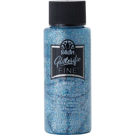 Folk Art Glitterific Acrylic Paint in AQUA, 2oz, featuring fine glitters for a shimmering, iridescent finish on various surfaces.