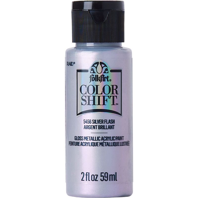 Folk Art Color Shift Acrylic Paint in Silver Flash, 2oz metallic paint that transforms colors under light for stunning effects.