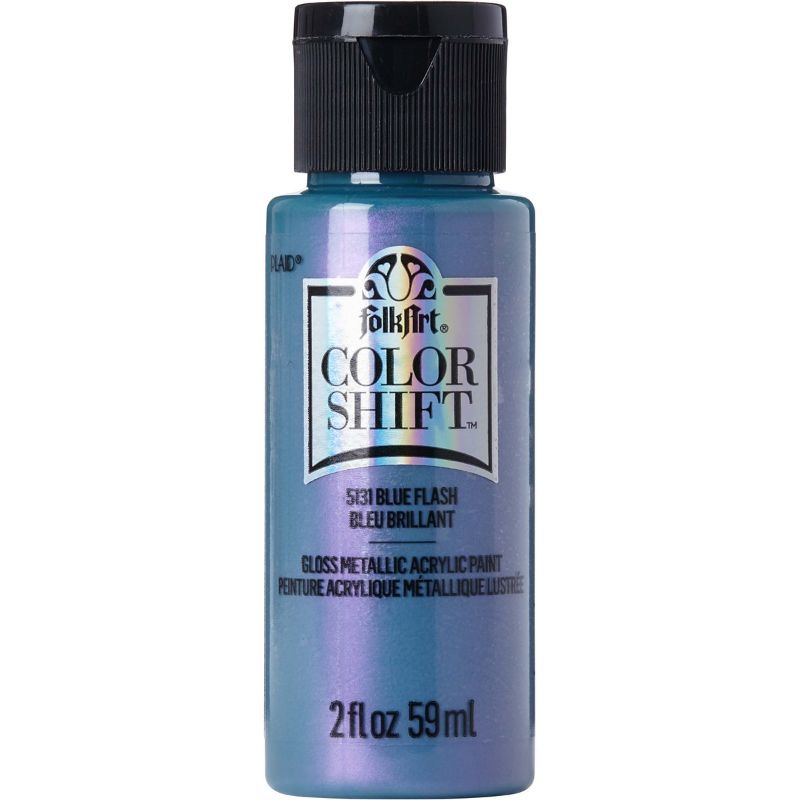 Folk Art BLUE FLASH acrylic paint in a 2oz bottle, showcasing color-shifting shimmer for vibrant, glossy creations.