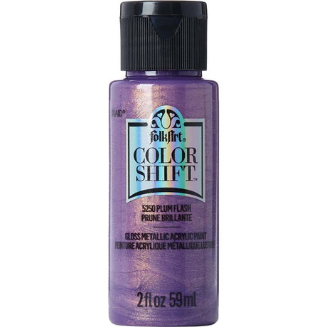 Bottle of Plum Flash 5250 Folk Art Color Shift Acrylic Paint, showcasing vibrant metallic color that shifts in light.