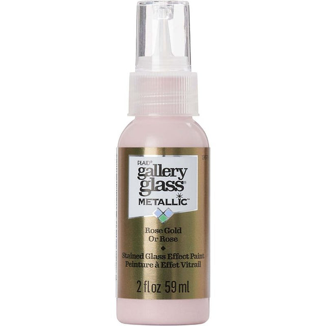 Plaid Gallery Stained Glass Paint in metallic rose gold, perfect for creating vibrant, glass-like finishes on various surfaces.