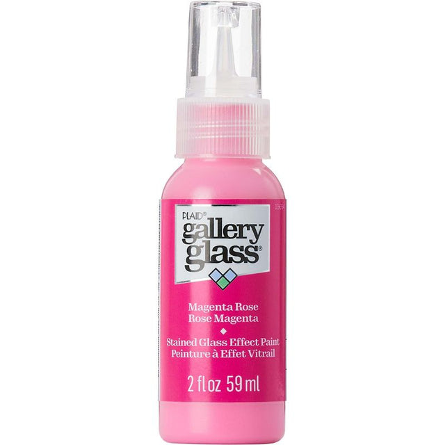 Vibrant Magenta Rose stained glass paint for creating beautiful, smooth glass art on various surfaces like windows and bottles.