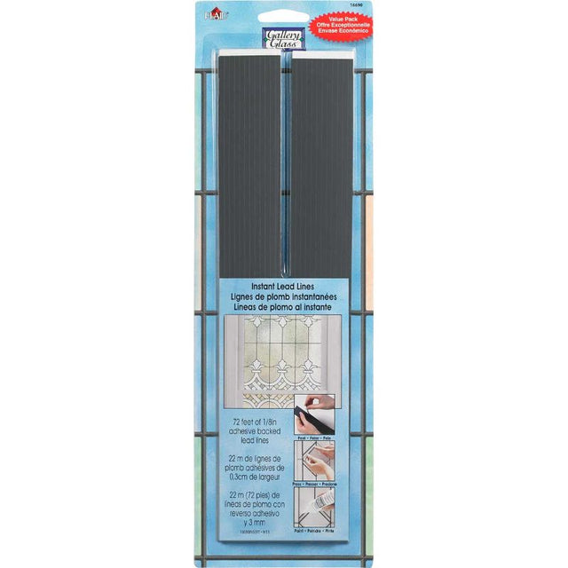 Flexible 72-foot lead roll for glass crafting, featuring repositionable adhesive for easy design application.