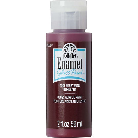 A 2oz bottle of Berry Wine acrylic enamel paint for glass and ceramics, offering vibrant color and a glossy, durable finish.