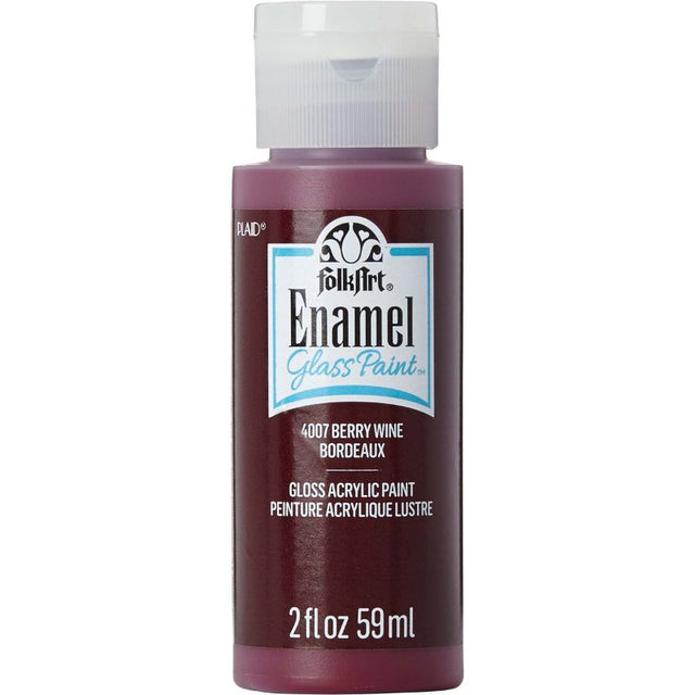 A 2oz bottle of Berry Wine acrylic enamel paint for glass and ceramics, offering vibrant color and a glossy, durable finish.