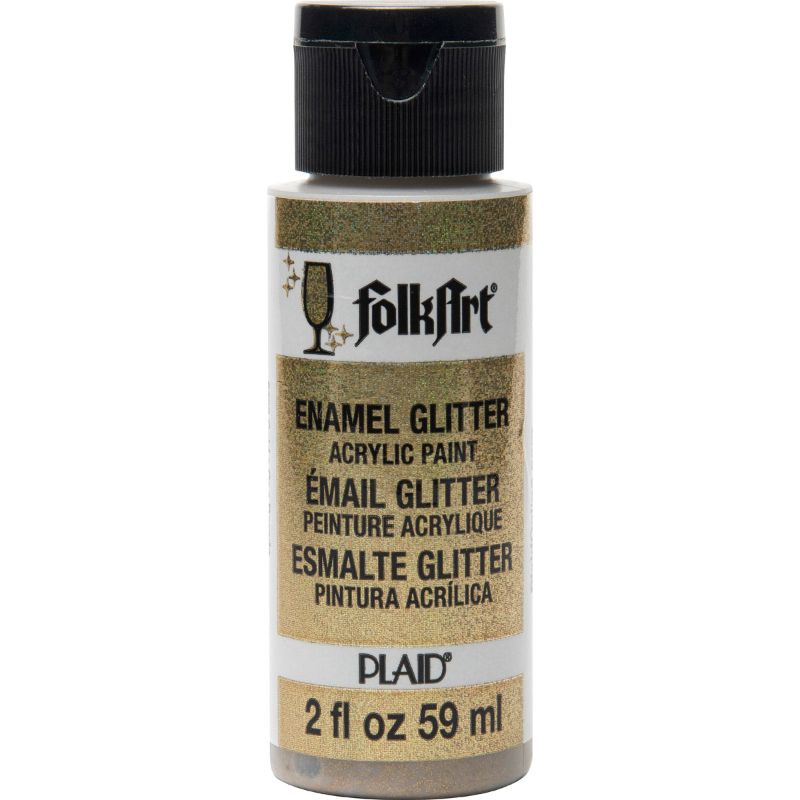 Folk Art Glitter Gold acrylic paint for glass, 2oz; vibrant, durable, dishwasher-safe finish for DIY crafts and decor.