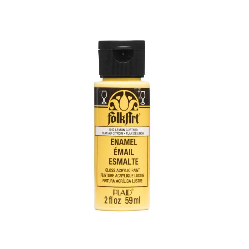 Folk Art Lemon Custard enamel paint in 2oz bottle for vibrant, glossy finish on glass and ceramic projects.