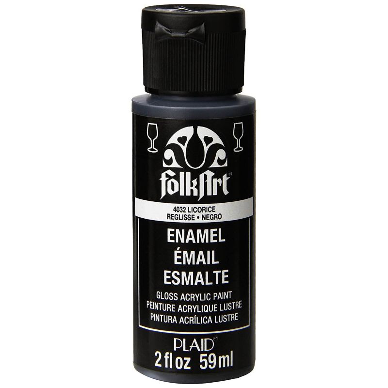 Folk Art Glass Acrylic Paint Enamel in Licorice, 2oz bottle for vibrant, glossy coverage on glass and ceramics.