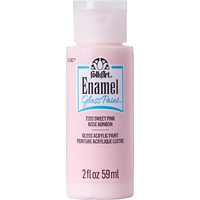 Folk Art SWEET PINK Enamel Acrylic Paint in a 2oz bottle, designed for vibrant, glossy glass and ceramic projects.