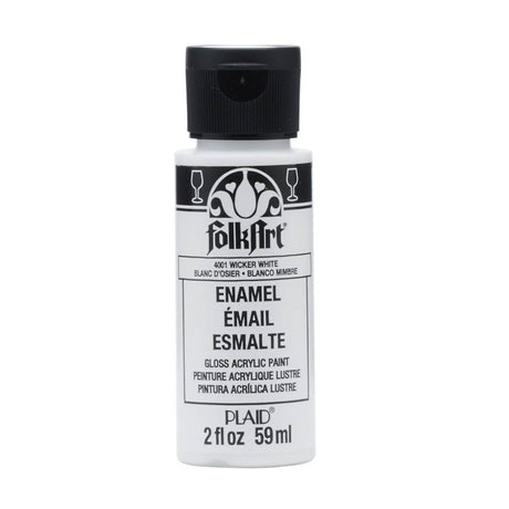 Folk Art Wicker White Enamel Acrylic Paint in a 2oz bottle, ideal for glass and ceramics, offering vibrant color and durability.