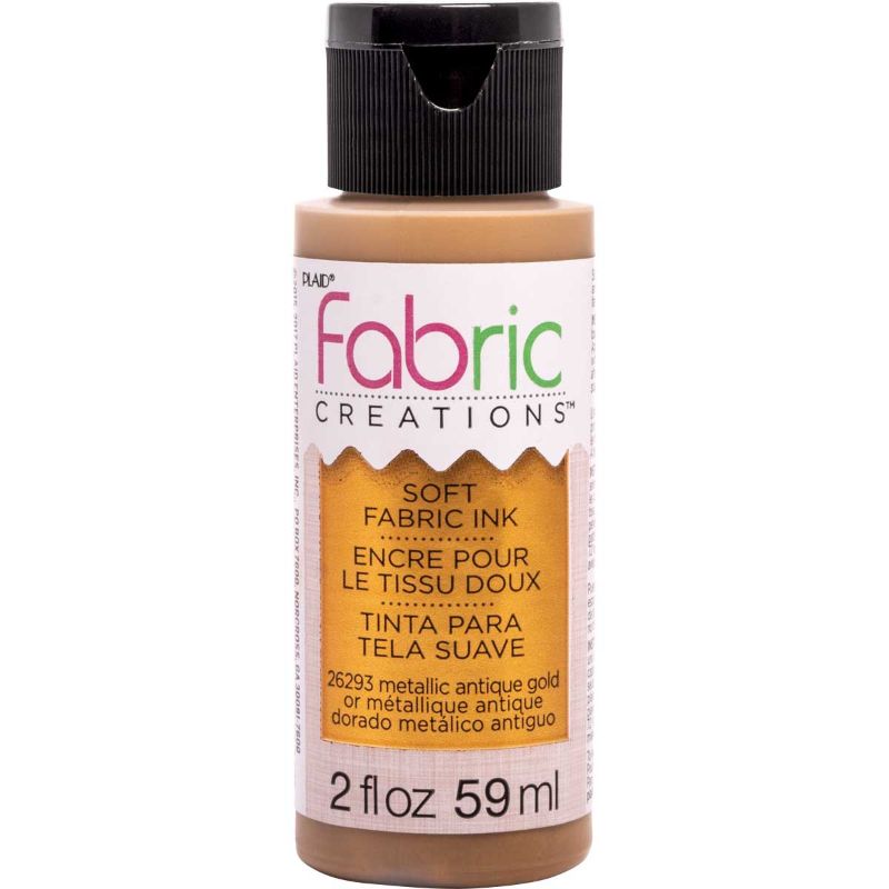 Antique Gold fabric ink in 2oz bottle, perfect for DIY projects, dries soft, machine-washable, non-toxic formula.