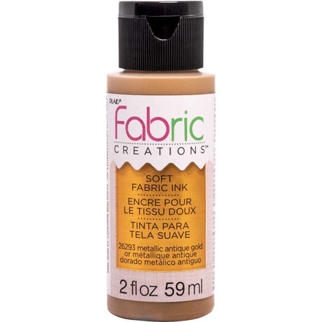 Antique Gold fabric ink in 2oz bottle, perfect for DIY projects, dries soft, machine-washable, non-toxic formula.