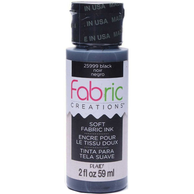 Fabric Creations Soft Fabric Ink in BLACK, 2oz for DIY designs, suitable for stamping and painting, machine-washable, non-toxic.