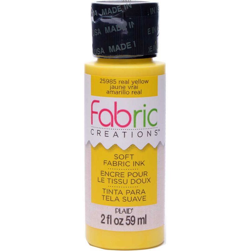 Bottle of Fabric Creations Soft Fabric Ink in vibrant REAL YELLOW, 2oz, perfect for DIY textile projects and crafts.