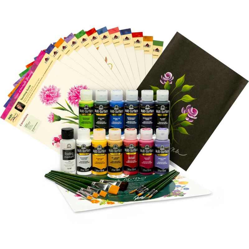 Folk Art Stroke Flowers Kit with paints, brushes, and guides for mastering flower painting using the One Stroke method.