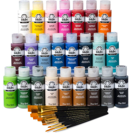 Art kit featuring 24 premium acrylic paints and a 10-piece brush set for versatile creative expression at home.