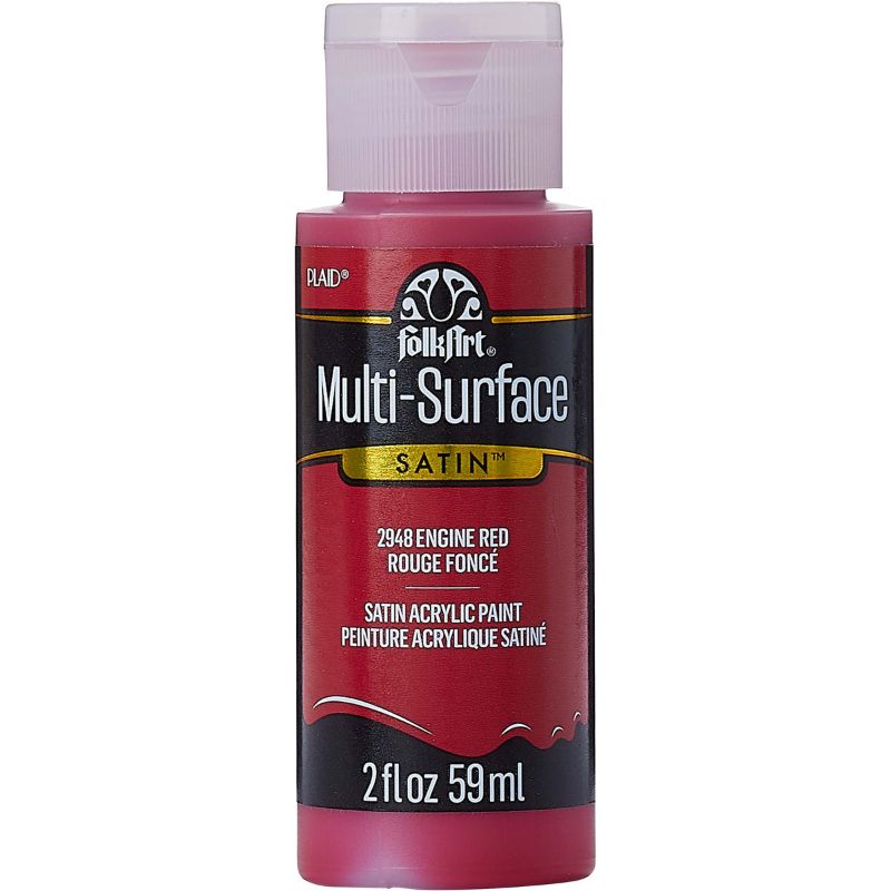 Vibrant engine red acrylic paint in a 2oz bottle, ideal for various surfaces and crafts, with a smooth satin finish.