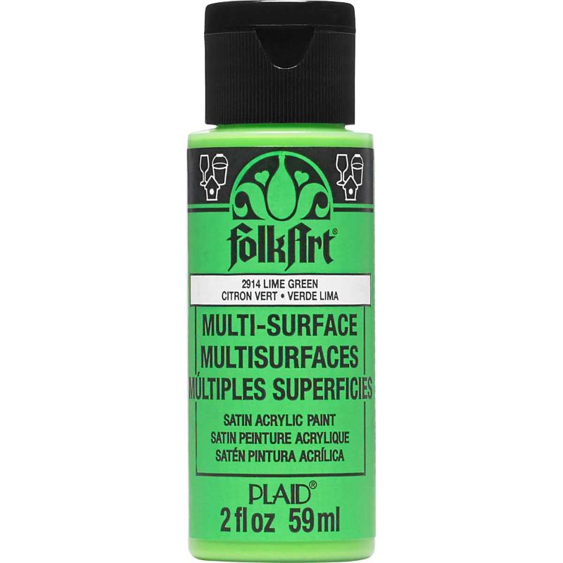 Vibrant lime green multi-surface acrylic paint in a 2oz bottle, ideal for crafts on various surfaces, dries to a satin finish.