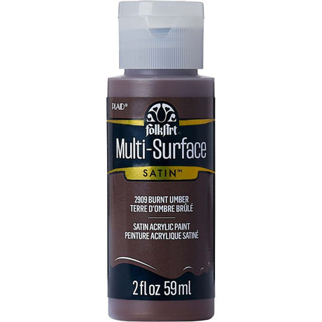 Folk Art Burnt Umber acrylic paint in a 2oz bottle, ideal for versatile crafts on various surfaces with a satin finish.