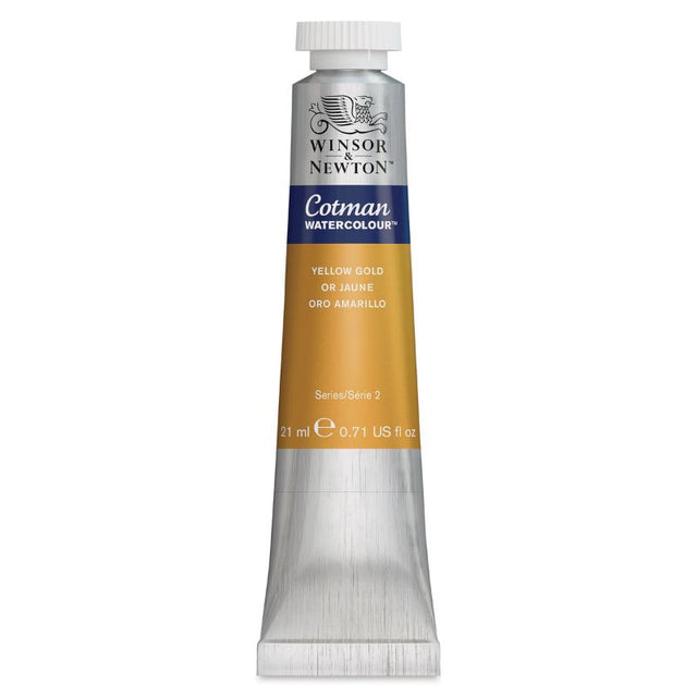 Winsor & Newton Cotman 21ml Yellow Gold watercolour paint tube, featuring vibrant color and excellent lightfastness for artists.