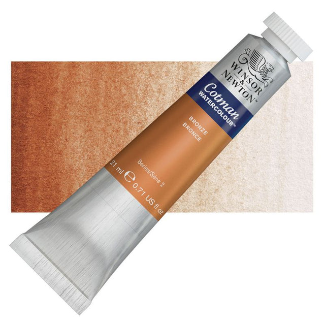 Winsor & Newton 21ml BRONZE watercolour paint tube, featuring vibrant color and high-quality fine art pigments for balanced transparency.