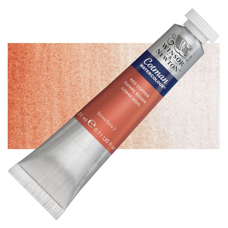 Winsor & Newton 21ml Cotman Watercolour in RED COPPER, featuring rich transparency and excellent lightfastness for vibrant art.