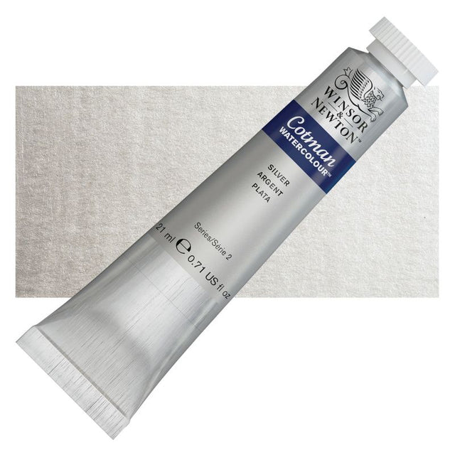 Silver 21ml tube of Winsor & Newton Cotman Watercolour Paint, known for its transparency and lightfastness, perfect for artists.