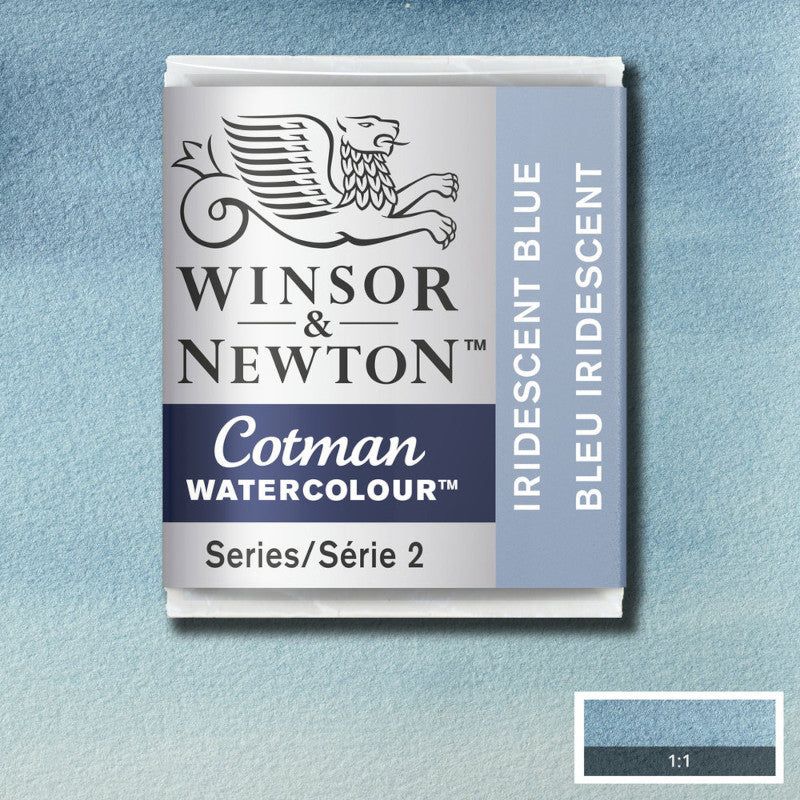 Iridescent Blue half pan watercolor paint by Winsor & Newton, ideal for vibrant and transparent artwork.