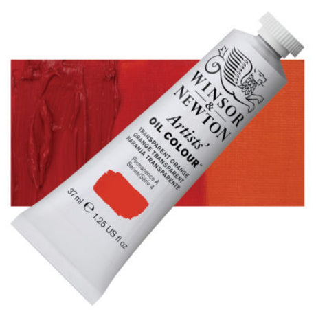 Vibrant Winsor & Newton Trans Orange oil paint in 37ml tube, perfect for vivid color layering and glazing in artwork.