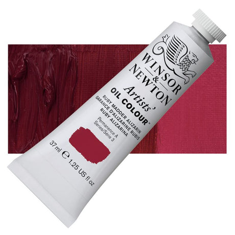 Winsor & Newton RUBY MADDER S3 oil paint in a 37ml tube, offering vibrant color and versatility for artists.