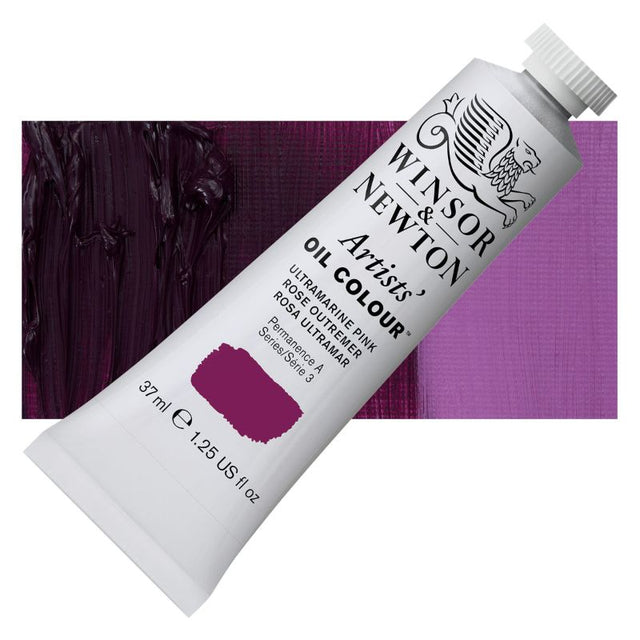 Ultramarine Pink Winsor & Newton Artists Oil Colour in a 37ml tube, showcasing vibrant color and excellent tinting strength.