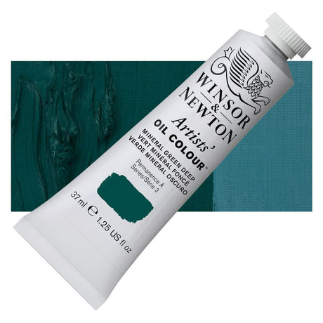 Tube of Winsor & Newton Mineral Green S3 oil paint, 37ml, showcasing vibrant color and excellent tinting strength for artists.