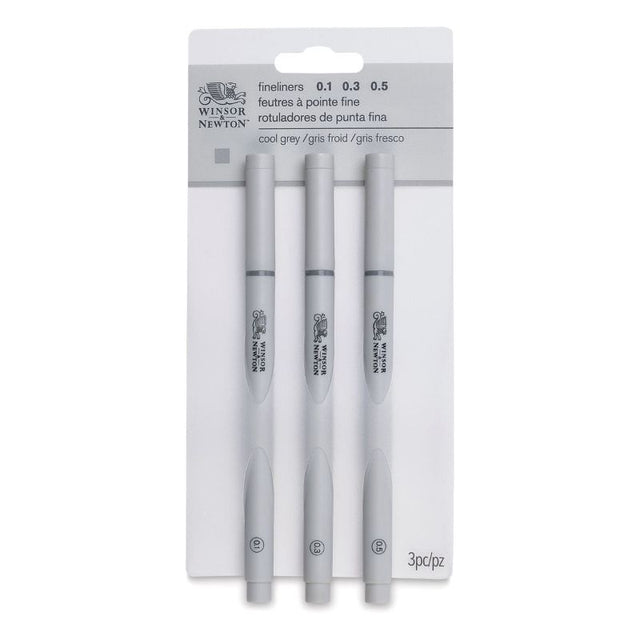 Winsor & Newton Fineliner Set of 3 in grey, featuring fine, medium, and bold tips for precise drawing and sketching.