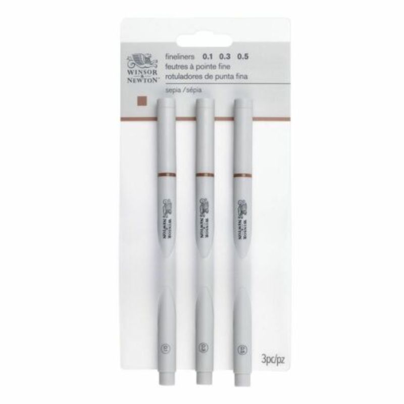 Winsor & Newton Fineliner Set of 3 featuring precision nibs (0.1mm, 0.3mm, 0.5mm) for versatile sketching and writing.