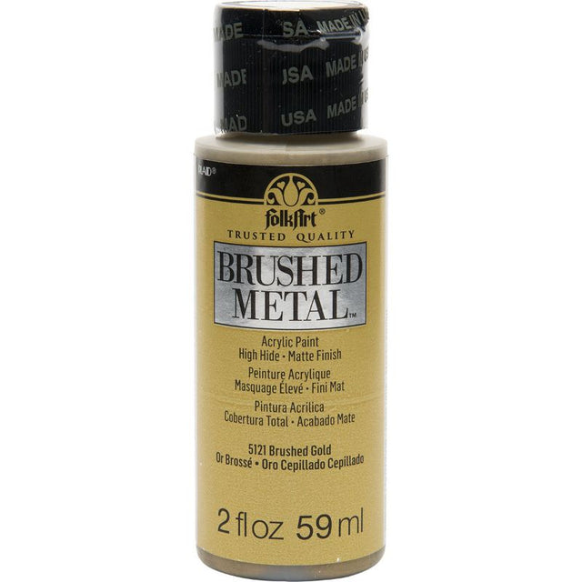 Folk Art Brushed Metal Acrylic Paint in gold, 2oz, provides a luxurious metallic finish for diverse craft projects.