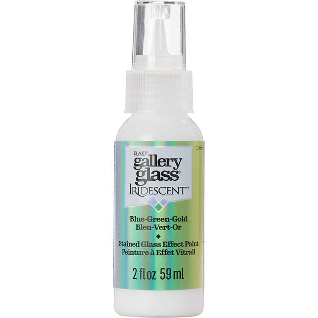Iridescent blue, green, and gold stained glass paint in a 59ml bottle for creating stunning glass art projects.
