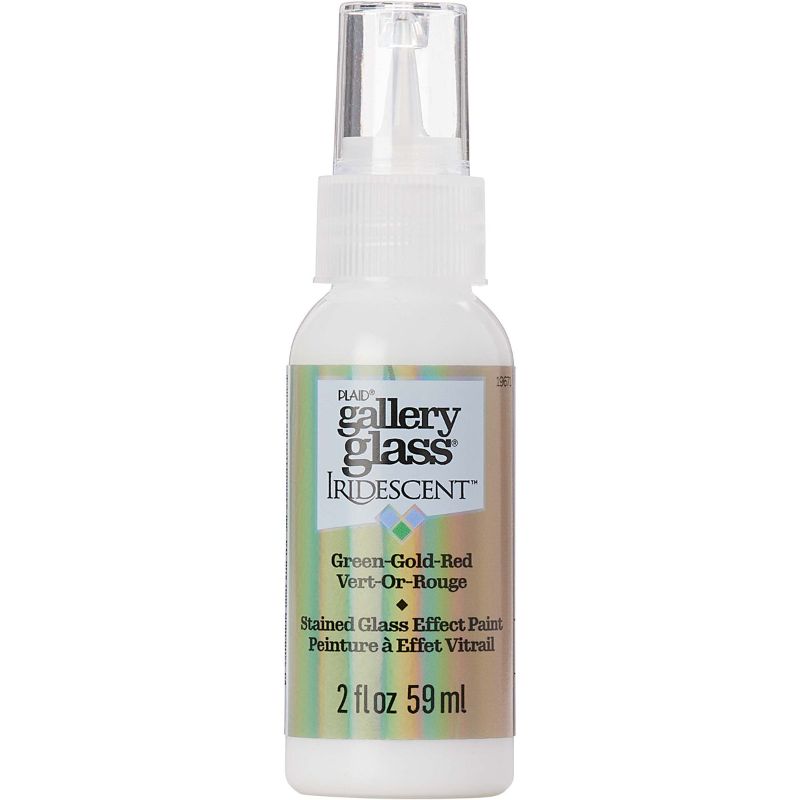 Iridescent green, gold, and red stained glass paint in a 59ml bottle, perfect for creating artistic glass designs and decorations.