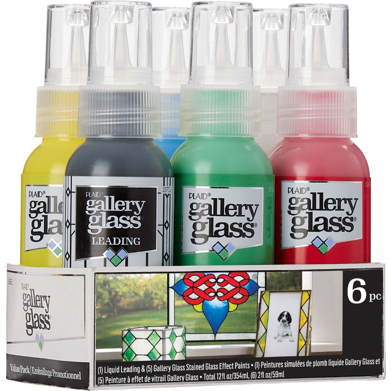 Vibrant Plaid Gallery Stained Glass Paint set of 6, perfect for creating glass-like art on various surfaces.