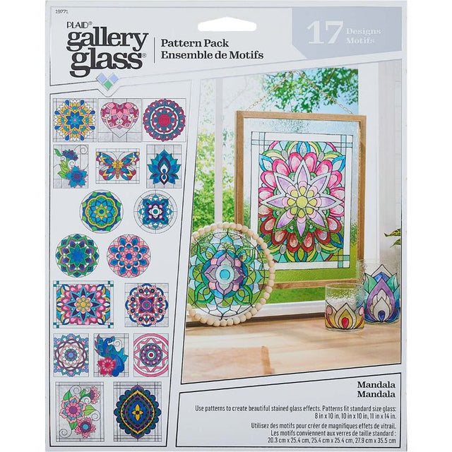 Elegant pack of 17 mandala designs for glass art, featuring easy-to-trace patterns on three color sheets.