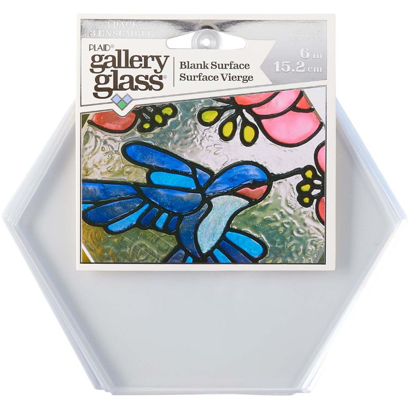 Transparent hexagon surfaces measuring 6 inches, featuring beveled edges and hang holes, perfect for creative glass art projects.