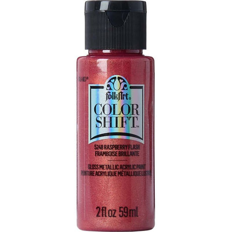 Folk Art Raspberry Flash acrylic paint in 2oz bottle, showcases a shimmering color-shifting formula ideal for unique craft projects.