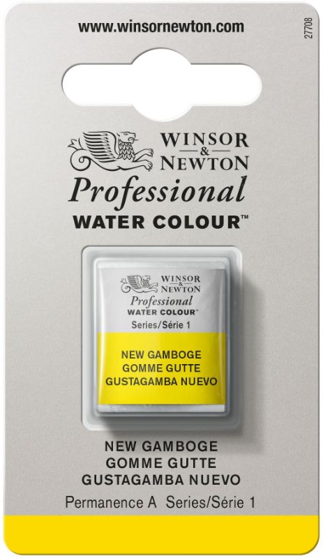 Vibrant Winsor & Newton Professional Watercolour Half Pan in NEW GAMBOGE 267 S1, ideal for luminous artwork and easy mixing.