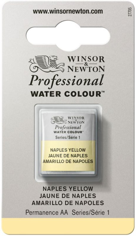 Winsor & Newton Naples Yellow 422 S1 watercolour half pan offering vibrant, warm hue with excellent brightness and permanence.