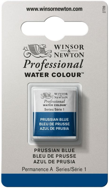 Winsor & Newton Prussian Blue watercolour half pan, vivid, deep shade for vibrant, durable artwork suitable for all artists.