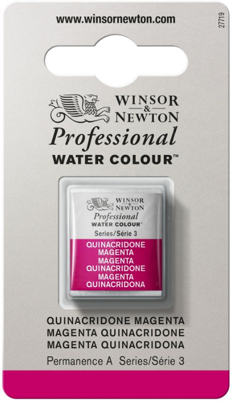 Winsor & Newton QUINA MAGENTA 545 S3 watercolour half pan, featuring vibrant, deep magenta for exceptional blending and layering.