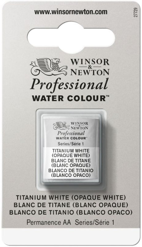 Winsor & Newton Titan White Opaque Watercolour Half Pan, known for its brightness, opacity, and professional quality for artists.