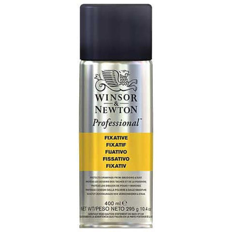 Aerosol can of Winsor & Newton Fixative, designed to protect charcoal, pencil, and pastel artwork from smudging and dust.